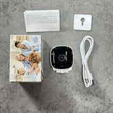 WiFi Wireless Home Security Camera with accessories including box, charging cable, and instruction manual.