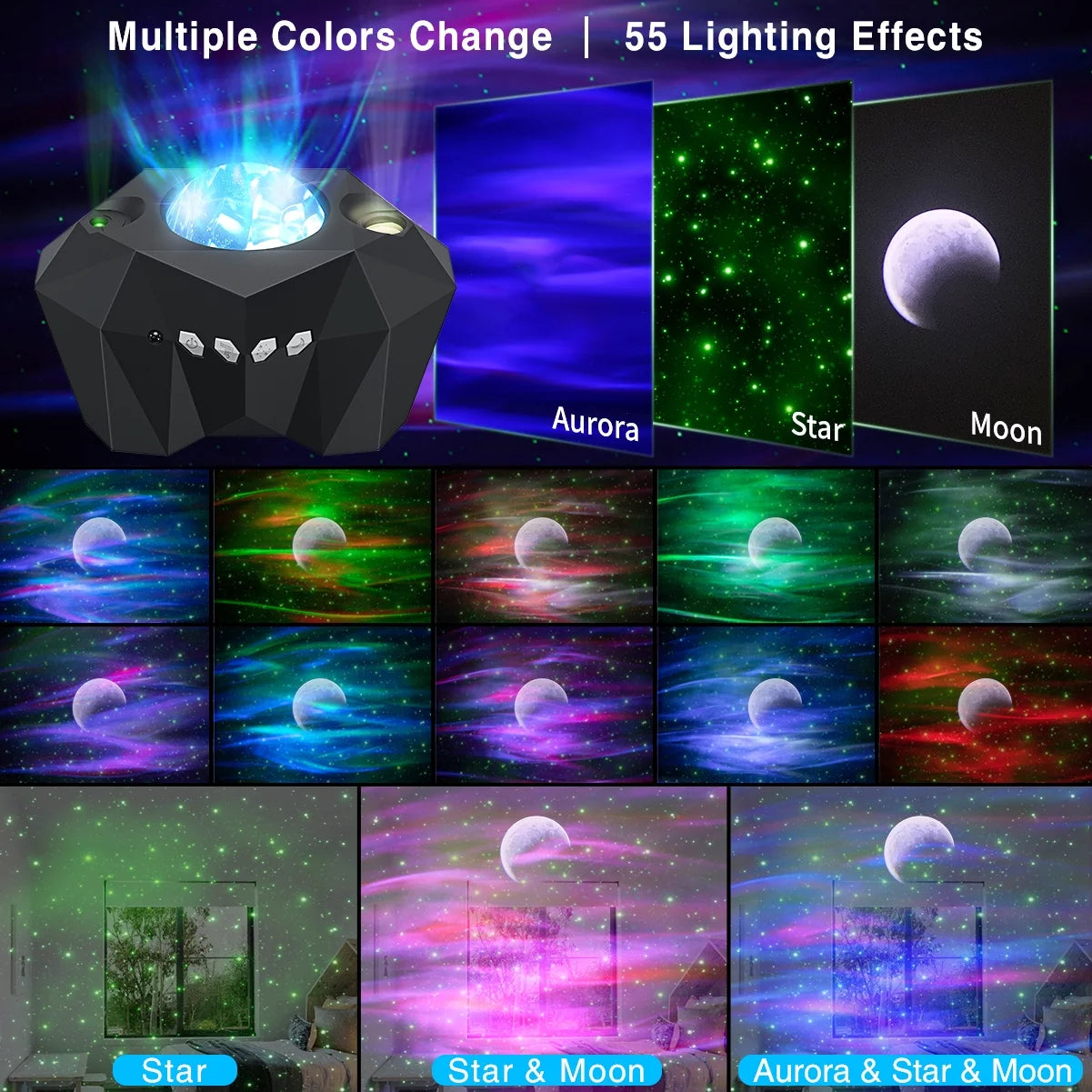 Galaxy Star Projector Night Light showcasing multiple colors and 55 lighting effects with stars and moon projections.