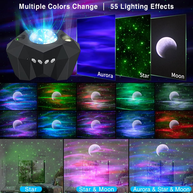 Galaxy Star Projector Night Light showcasing multiple colors and 55 lighting effects with stars and moon projections.