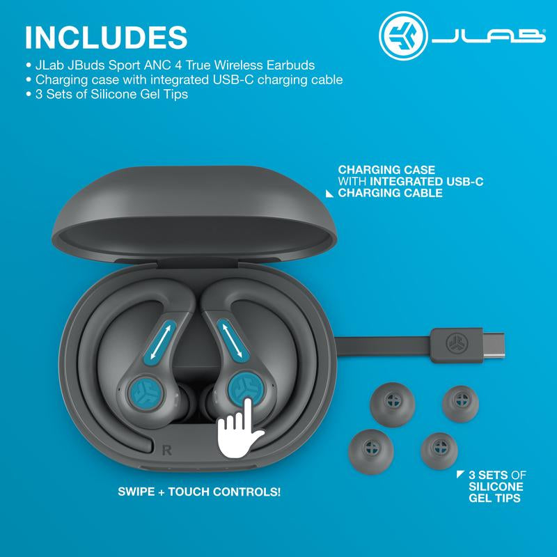 JLab JBuds Sport ANC 4 Bluetooth earbuds with charging case and silicone gel tips included