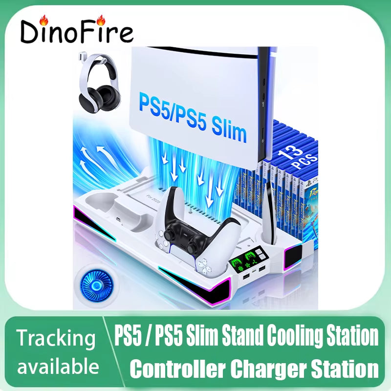 PS5 Stand with Cooling Fan, Dual Controller Charger & Game Storage – All-in-One Vertical Station