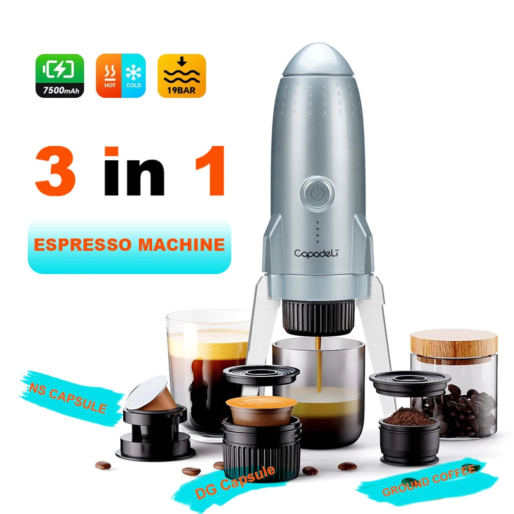 Portable Electric Espresso Coffee Maker – Self-Heating Travel Machine for Ground & Capsule Coffee