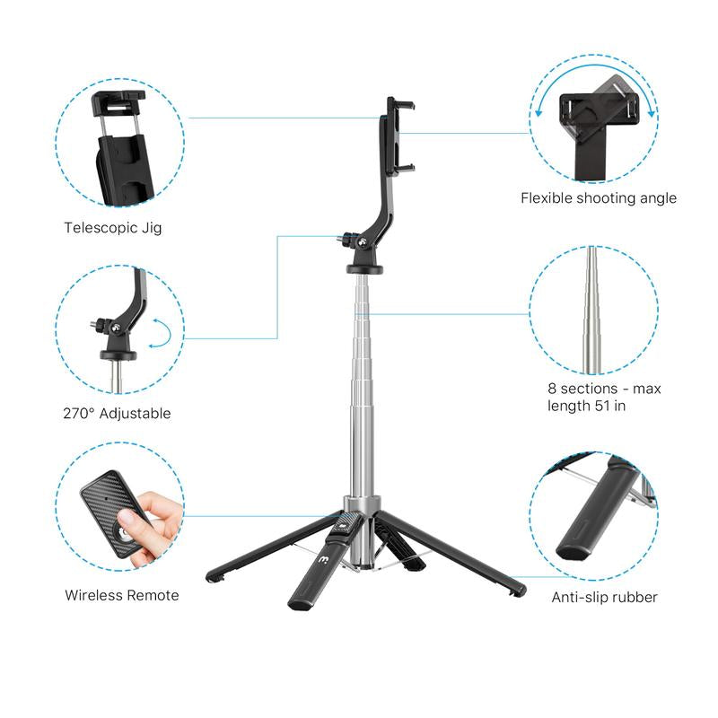 Mybat Pro Portable Picture Perfect Selfie Stick & Tripod with Bluetooth Remote Control, Handy Adjustable Selfie Stick- Black Accessories Landscape Smartphone Holder