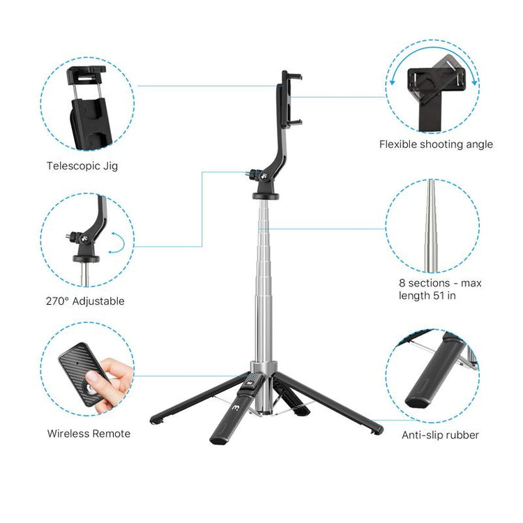 Mybat Pro Portable Picture Perfect Selfie Stick & Tripod with Bluetooth Remote Control, Handy Adjustable Selfie Stick- Black Accessories Landscape Smartphone Holder