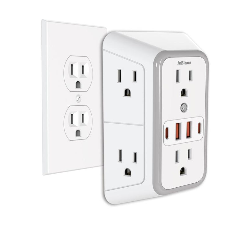 USB Wall Charger, 6 Outlet Extender with 4 USB Charging Ports 3-Sided Power Strip Multi Plug Outlets Wall Adapter Spaced for Home Travel Office