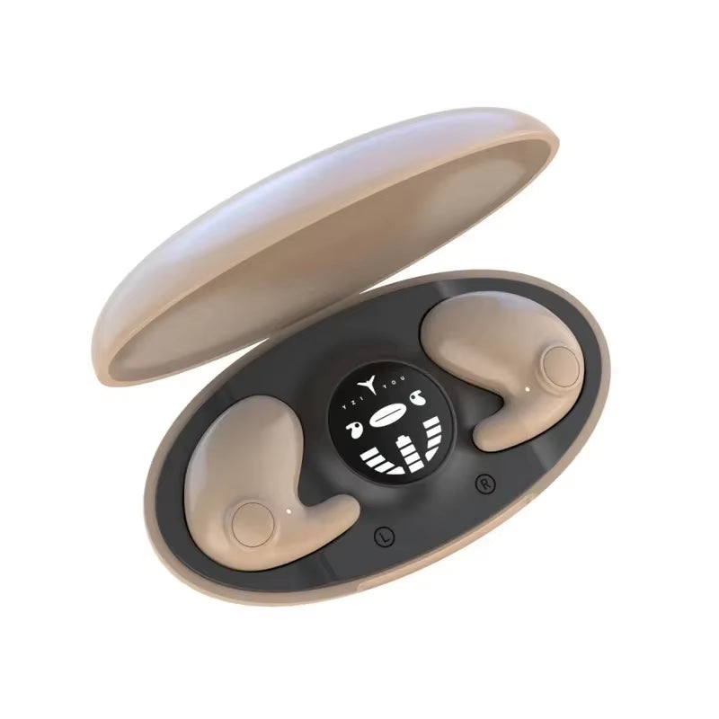 Invisible Sleep Wireless Earbuds in charging case, featuring ergonomic design for comfort and sound quality.
