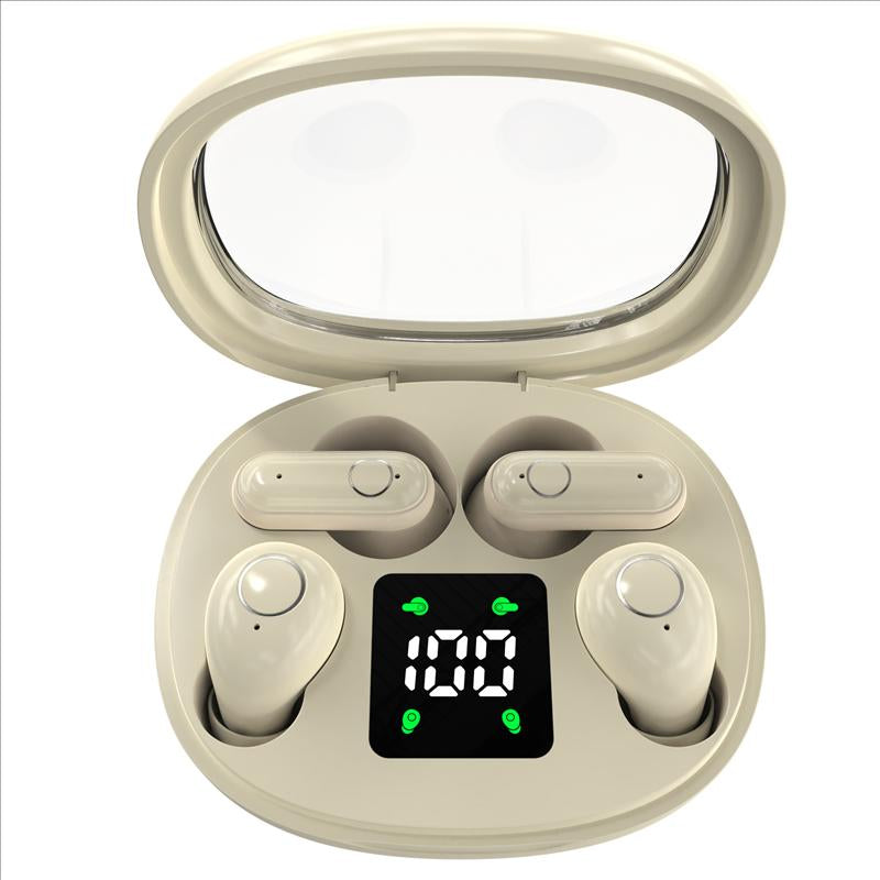 Wireless noise cancelling earbuds for fitness stored in a sleek charging case with digital display.