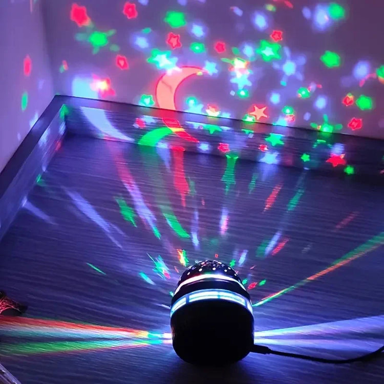 LED Starry Sky Projector illuminating colorful moon and star projections on a wall and floor.
