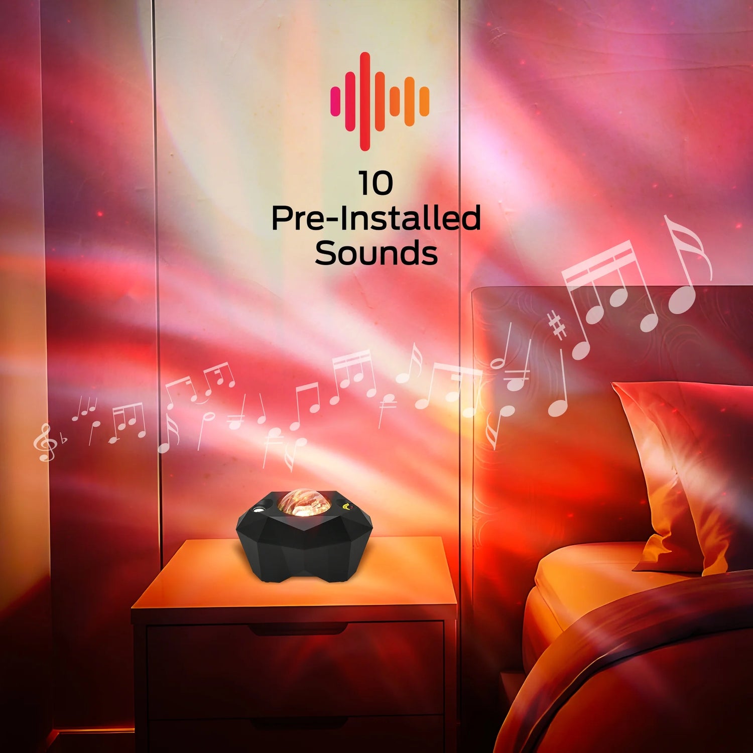 Galaxy Star Projector Night Light showcasing 10 pre-installed sounds in a vibrant room setting.