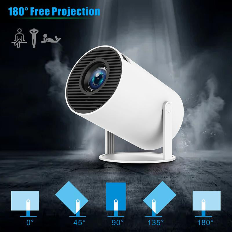 Portable Mini Projector 720P showcasing 180° free projection angles for versatile home theater setups.