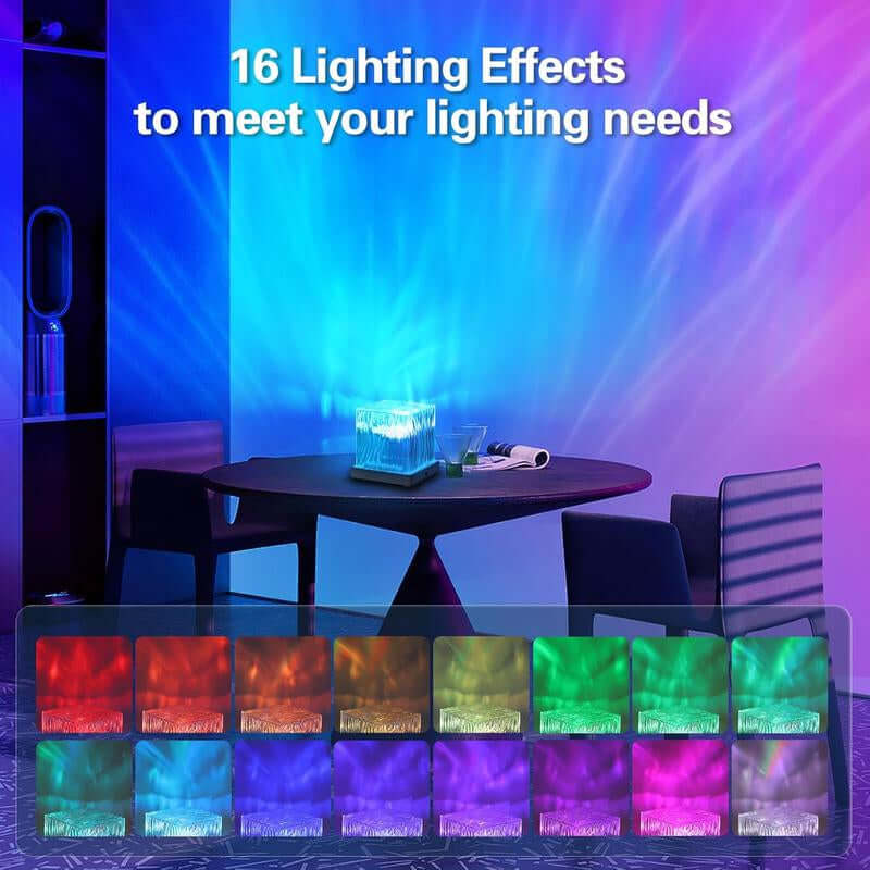 Northern Lights Projector showcasing 16 lighting effects creating a vibrant ambiance in a cozy room.