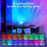 Northern Lights Projector showcasing 16 lighting effects creating a vibrant ambiance in a cozy room.