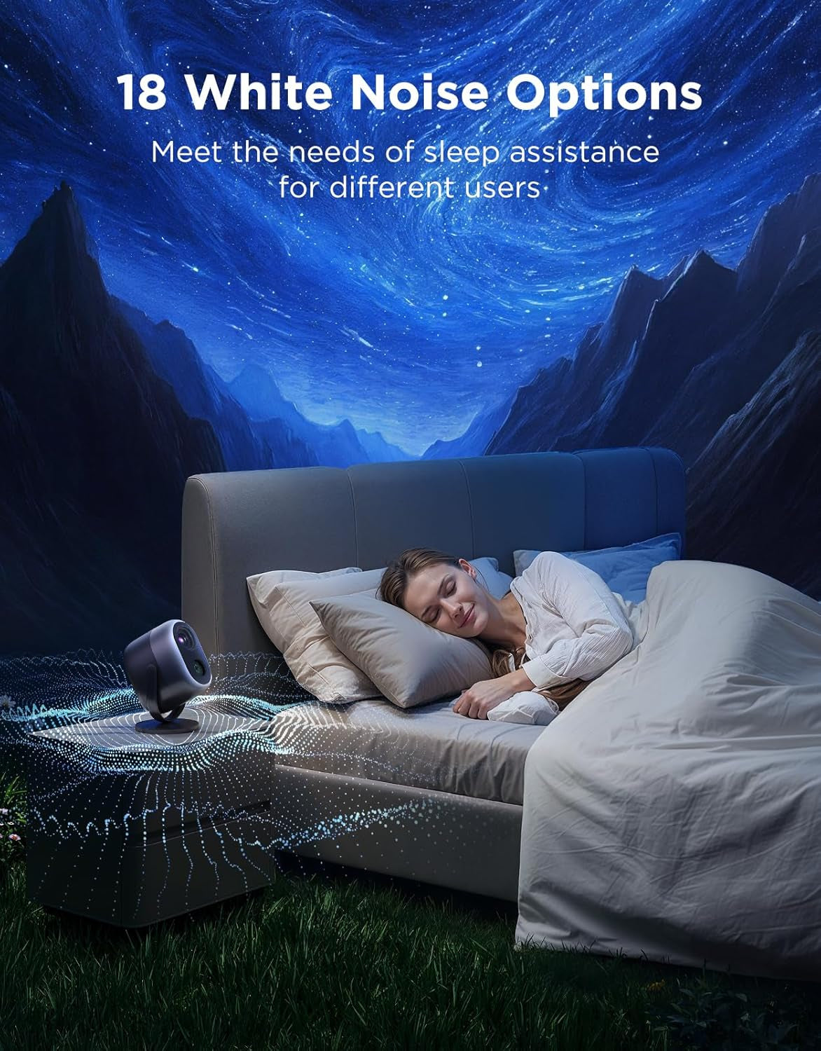 Woman peacefully sleeping beside Aurora Wave LED Nebula Projector, showcasing 18 white noise options for sleep assistance.