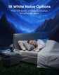 Woman peacefully sleeping beside Aurora Wave LED Nebula Projector, showcasing 18 white noise options for sleep assistance.
