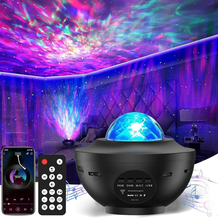 LED Galaxy Projector creating a cosmic atmosphere with colorful projections and Bluetooth music player in a cozy room