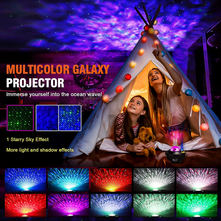 Multicolor Galaxy Projector enticing kids inside a tent, featuring starry sky and colorful light effects.