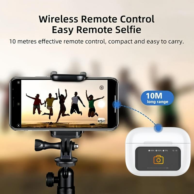 Wireless Remote Control with the Full Color Display Wireless Earbuds for easy selfies, 10 metres range, compact and easy to carry.