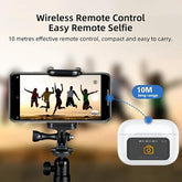 Wireless Remote Control with the Full Color Display Wireless Earbuds for easy selfies, 10 metres range, compact and easy to carry.