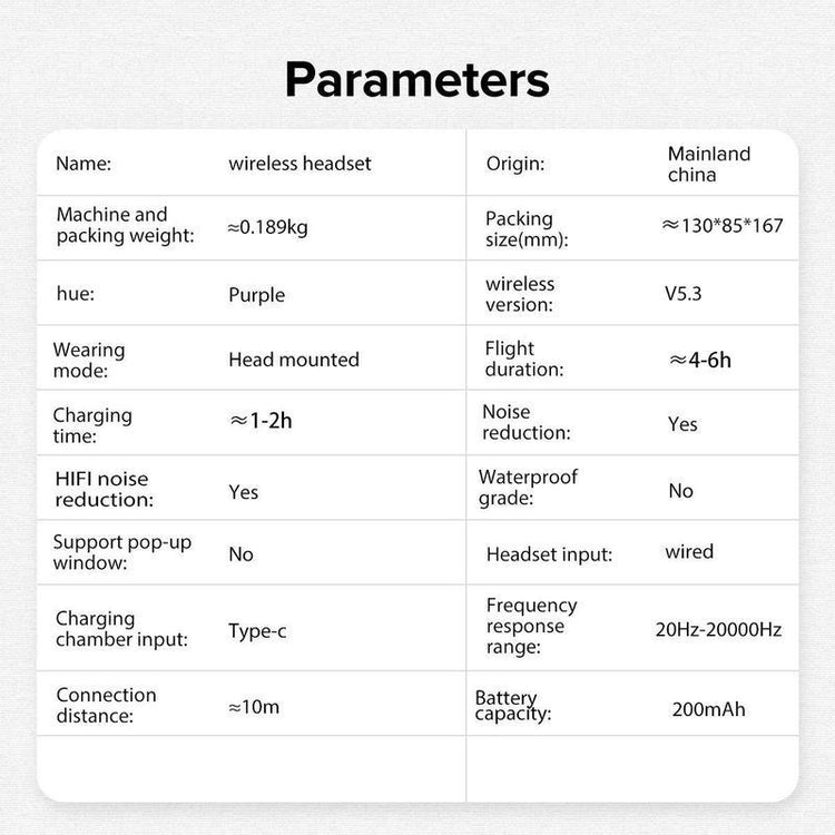 Specifications for Cat Ear Bluetooth Headphones – LED Foldable Over-Ear including features and performance details.