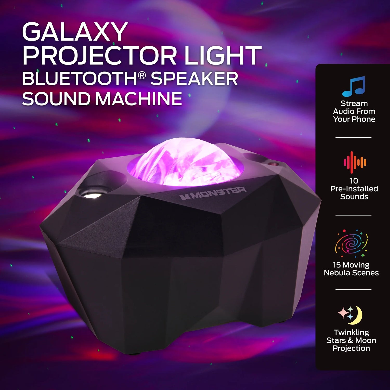 Galaxy Star Projector Night Light with Bluetooth speaker, creating starry skies and immersive sound for relaxation.