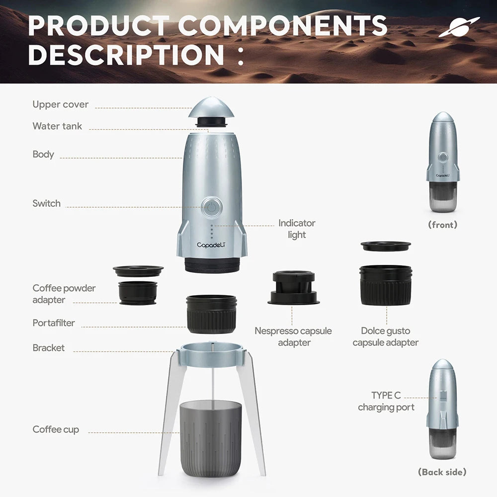 Portable Electric Espresso Coffee Maker Camping Self-Heating Car Travel Coffee Maker for Ground Coffee Dolce Gusto NS Capsule