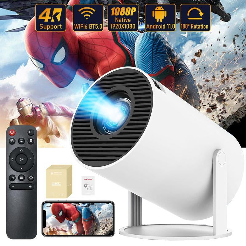Portable Mini Projector 720P with remote control and smartphone, showcasing bright visuals and compact design.