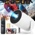 Portable Mini Projector 720P with remote control and smartphone, showcasing bright visuals and compact design.