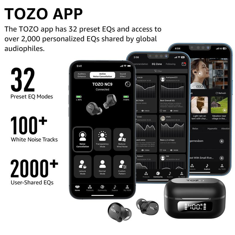 TOZO 2024NC9 Hybrid Active Noise Cancelling Wireless Earbuds ENC IPX8 Waterproof Bluetooth 5.3 Headphones Stereo Bass Heasets Headsets Audio Headphones Audifonos Traveling Gadgets Electronic Fathersdaygift Dark Black Microphone Charging