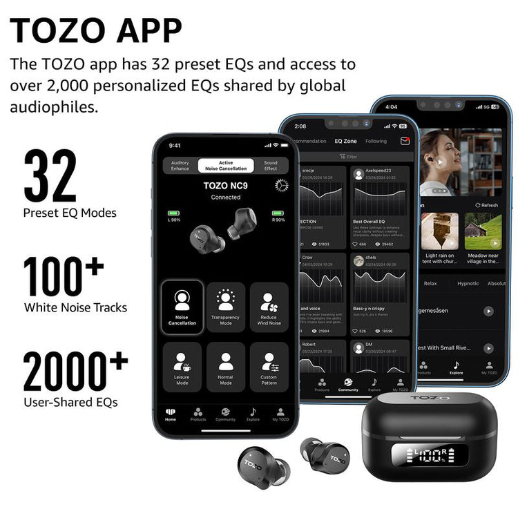 TOZO 2024NC9 Hybrid Active Noise Cancelling Wireless Earbuds ENC IPX8 Waterproof Bluetooth 5.3 Headphones Stereo Bass Heasets Headsets Audio Headphones Audifonos Traveling Gadgets Electronic Fathersdaygift Dark Black Microphone Charging