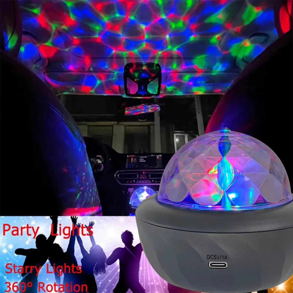 Galaxy Projector Night Light creating a mesmerizing starry sky effect with auto-rotation in a car interior.