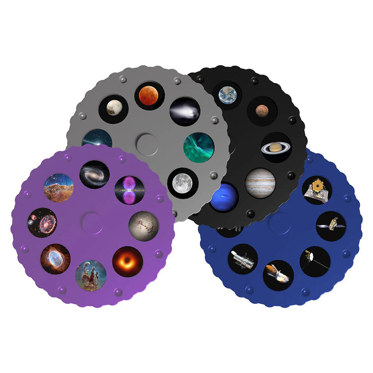 Planetarium Style Galaxy Projector color-coded discs featuring images of planets and celestial bodies for immersive projection.