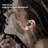 Close-up of a woman wearing Invisible Sleep Wireless Earbuds, showcasing their IPX5 waterproof and sweatproof features.