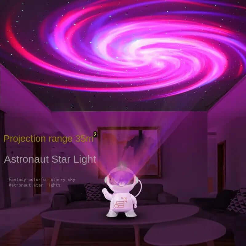 Astronaut Galaxy Projector creating a colorful starry sky projection on the ceiling in a cozy room.
