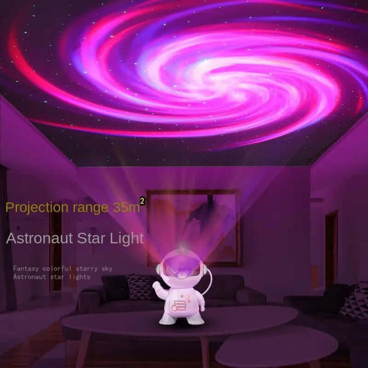 Astronaut Galaxy Projector creating a colorful starry sky projection on the ceiling in a cozy room.