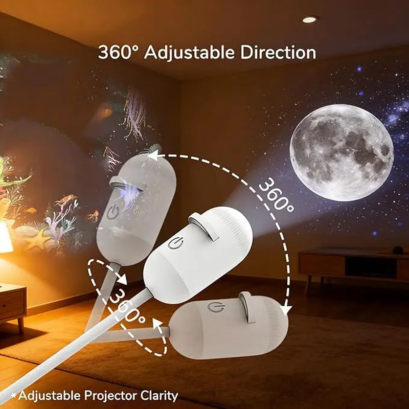 Graphic showing a 360-degree adjustable USB gooseneck lamp projecting a realistic moon onto a bedroom wall.