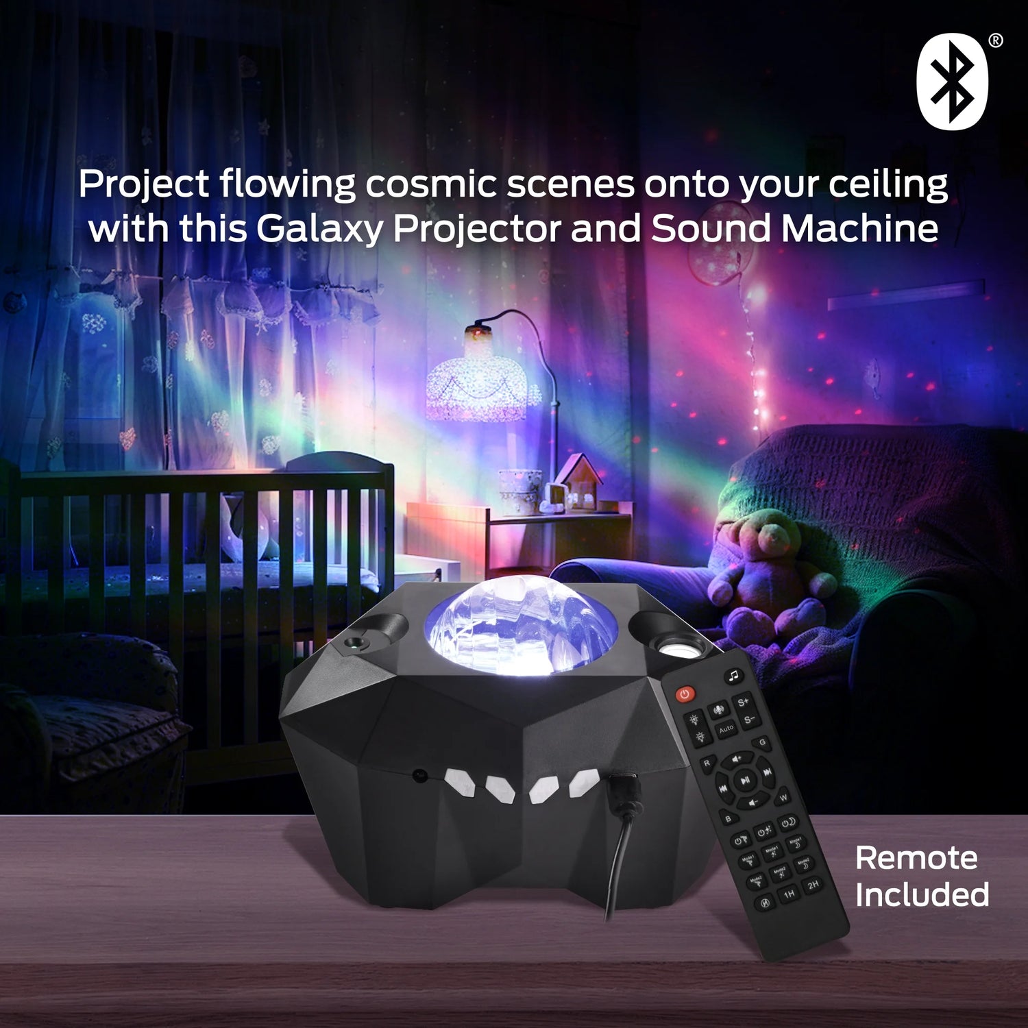 Galaxy Star Projector Night Light projecting cosmic scenes with Bluetooth speaker and remote control on ceiling
