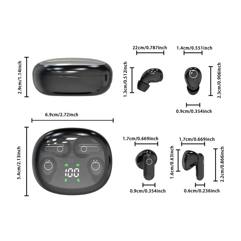 Wireless noise cancelling earbuds for fitness dimensions and design, showcasing charging case and earbuds.