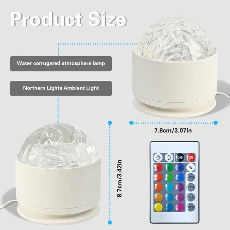 Ocean Wave LED Aurora Projector product size dimensions with remote control for creating ambient light.