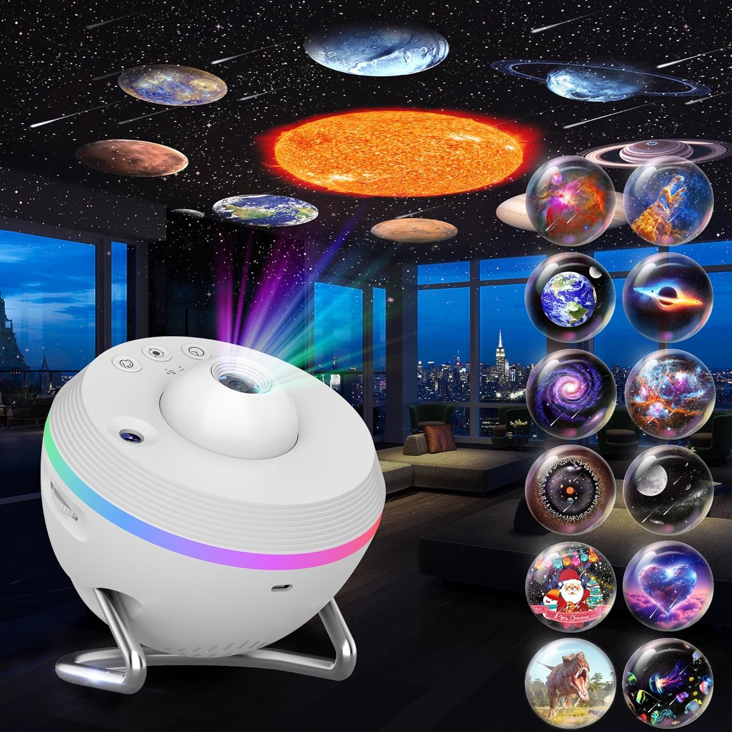 Planetarium Style Galaxy Projector showcasing 13-in-1 HD star light effects in a modern living room.