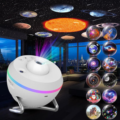 Planetarium Style Galaxy Projector showcasing 13-in-1 HD star light effects in a modern living room.