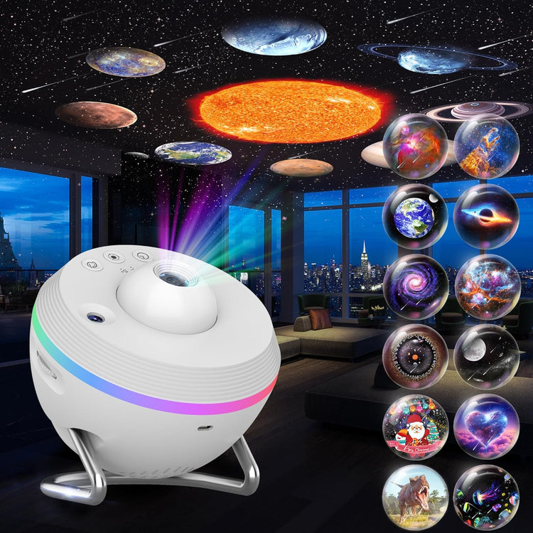 Planetarium Style Galaxy Projector showcasing 13-in-1 HD star light effects in a modern living room.