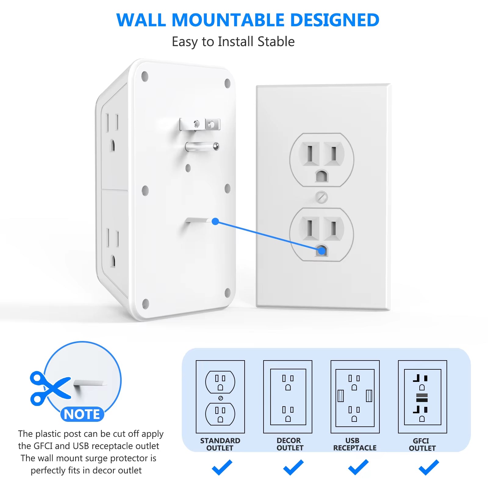 Multiple Sockets US Plug Power Strip with 6 AC Outlets 4 USB Ports(2 Type C), Wall Socket Universal Network Filter Fast Charging