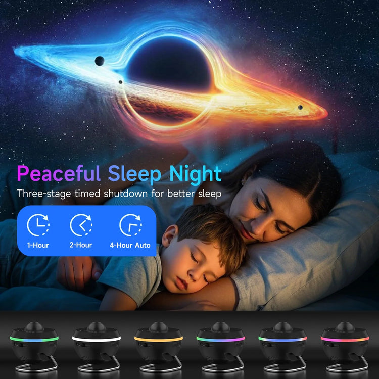 Planetarium Style Galaxy Projector showcasing a peaceful sleep environment with three-stage timed shutdown for better sleep.