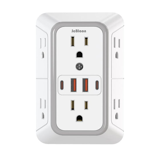 USB Wall Charger, 6 Outlet Extender with 4 USB Charging Ports 3-Sided Power Strip Multi Plug Outlets Wall Adapter Spaced for Home Travel Office