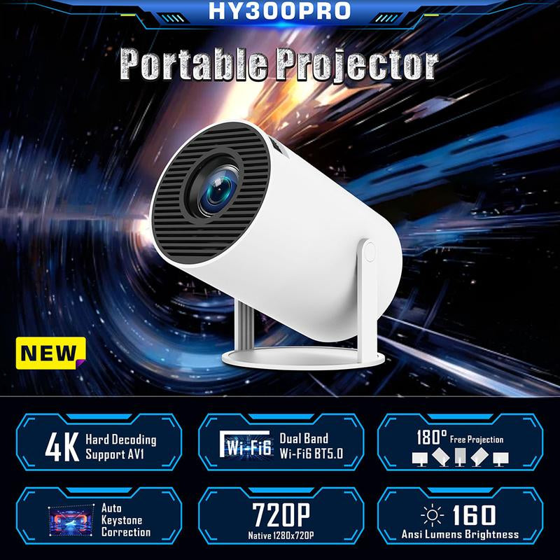 Portable Mini Projector 720P in a sleek design showcasing features like 4K support and auto keystone correction.