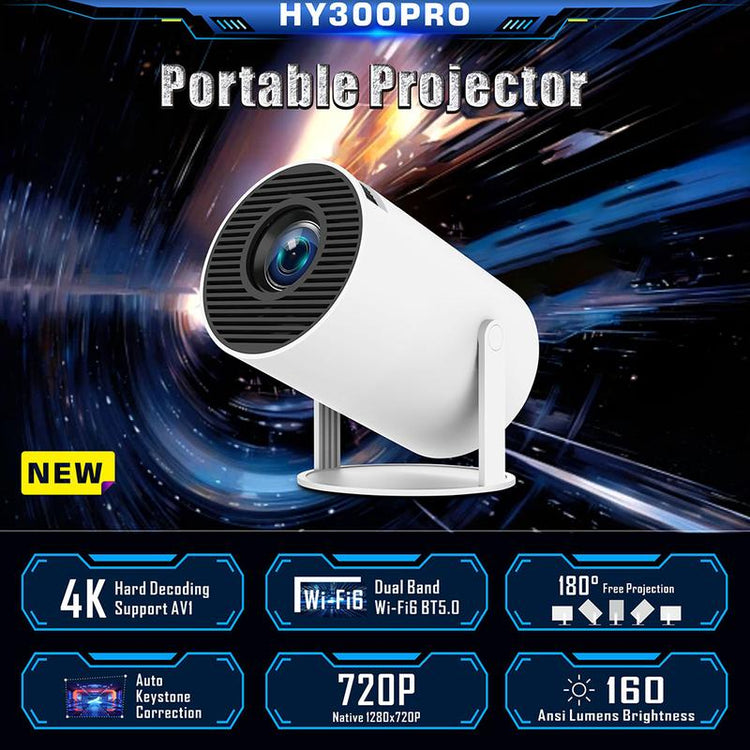 Portable Mini Projector 720P in a sleek design showcasing features like 4K support and auto keystone correction.
