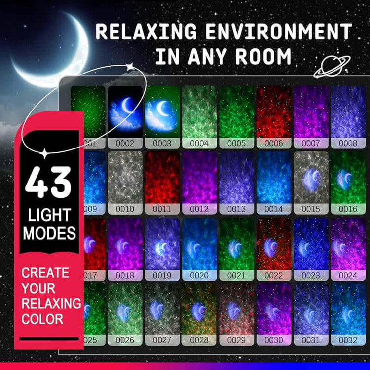 Star Projector Galaxy Light showcasing 43 light modes for a relaxing environment in any room.