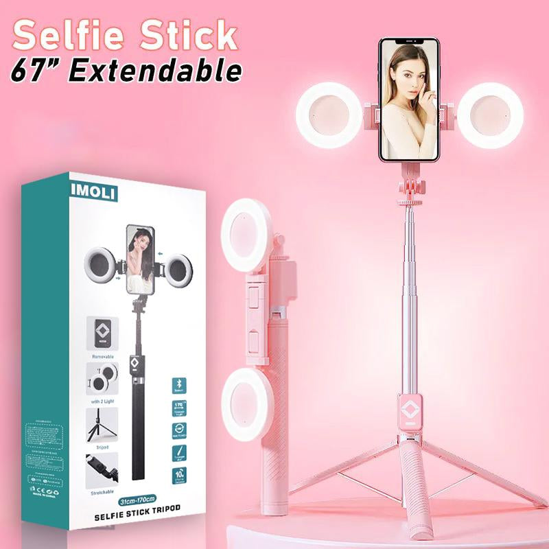 IMOLI Upgraded 67-Inch Telescopic Multi-Function Mobile Phone Selfie Stick with Dual Fill Light, Built-In Tripod and Wireless Remote Control