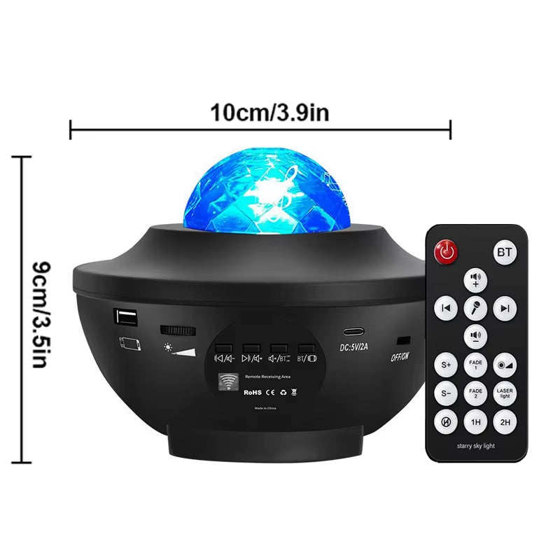 Bluetooth Galaxy Projector featuring a blue starry light with remote control for a romantic atmosphere.