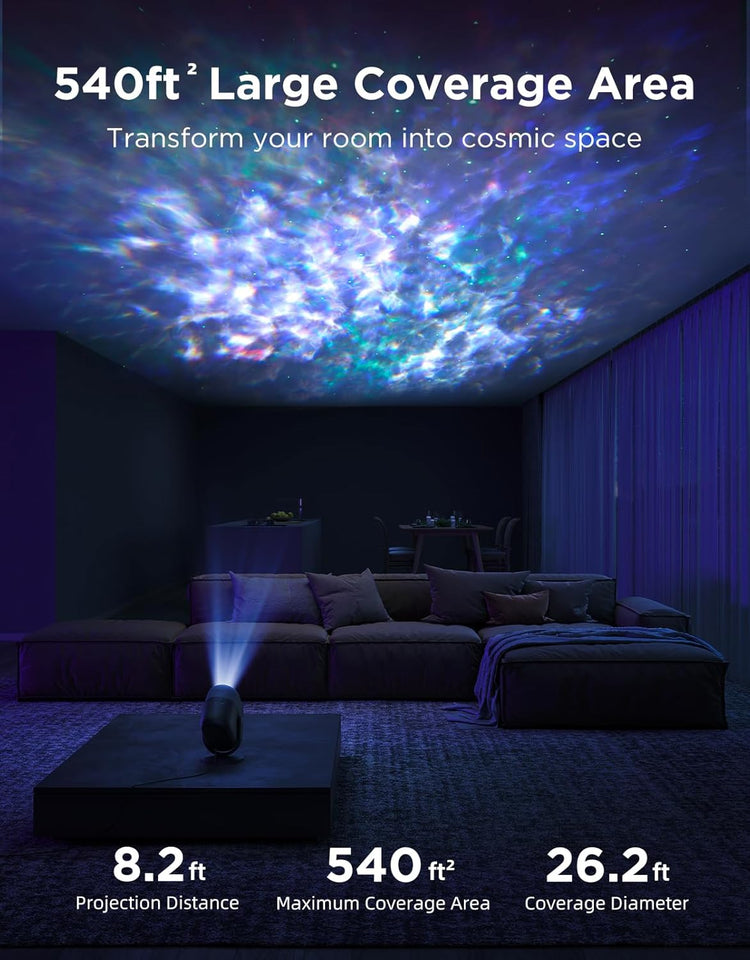 Aurora Wave LED Nebula Projector illuminating a large 540ft² area in a cozy room setting.